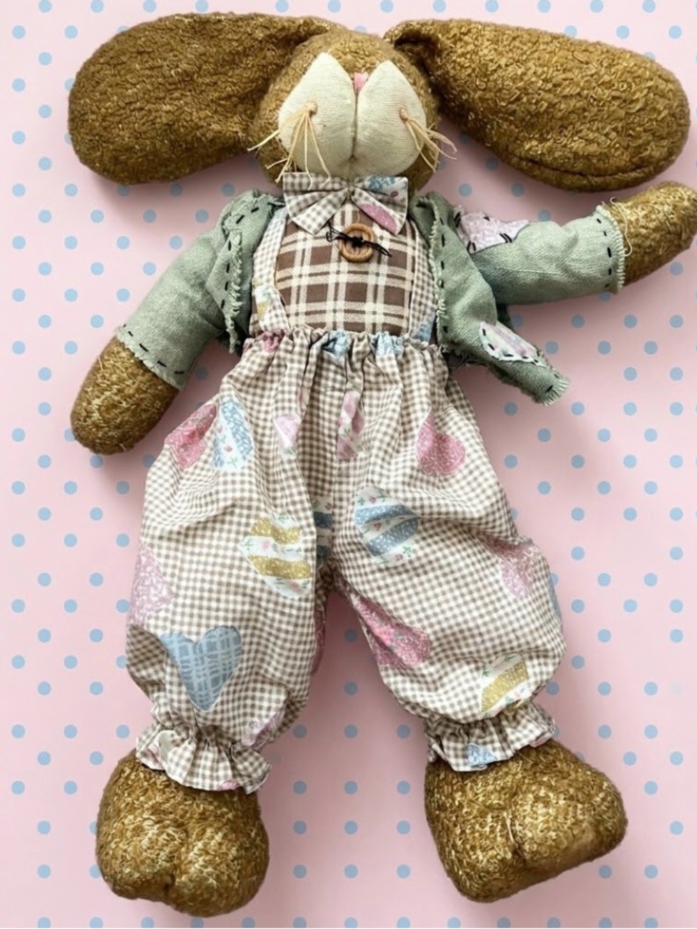 Vintage Easter Plush Bunny Doll in Brown with Heart-Print Overalls